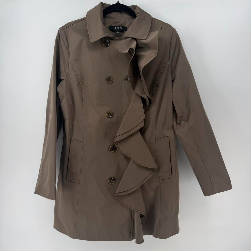 Sandro Studio Tan Trench Coat with Ruffle Detail Size Large